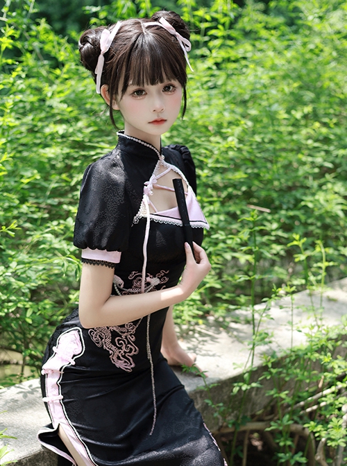 Delicate Dragon Series Black Pink Chinese Style Dragon Embroidery Elegant Lolita Puff Sleeves Sexy Improved Cheongsam