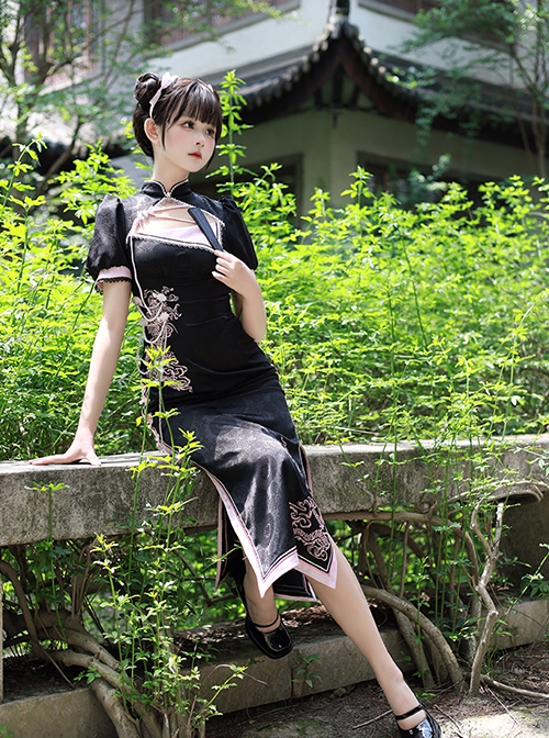 Delicate Dragon Series Black Pink Chinese Style Dragon Embroidery Elegant Lolita Puff Sleeves Sexy Improved Cheongsam