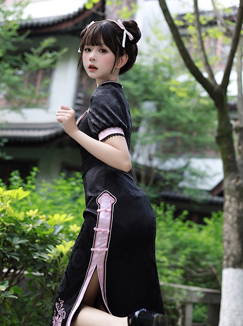 Delicate Dragon Series Black Pink Chinese Style Dragon Embroidery Elegant Lolita Puff Sleeves Sexy Improved Cheongsam