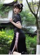 Delicate Dragon Series Black Pink Chinese Style Dragon Embroidery Elegant Lolita Puff Sleeves Sexy Improved Cheongsam