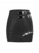 Gothic Style Elastic Striped Knit Stitching Patent Leather Buckle Decorative Side Eyelet Tie Black Tight Hip Skirt