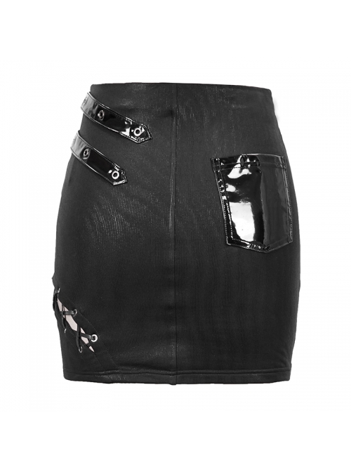 Gothic Style Elastic Striped Knit Stitching Patent Leather Buckle Decorative Side Eyelet Tie Black Tight Hip Skirt