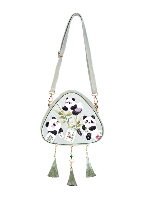 Mahjong Panda Series Light Green Chinoiserie Tassel Cute Panda Embroidery Classic Lolita Crossbody Triangular Bag