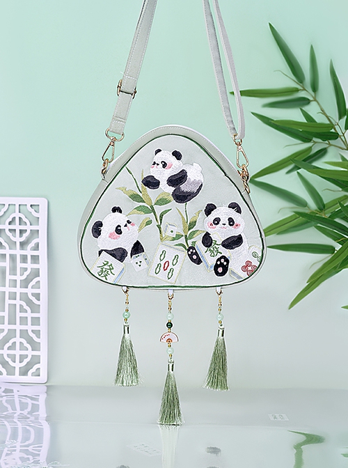 Mahjong Panda Series Light Green Chinoiserie Tassel Cute Panda Embroidery Classic Lolita Crossbody Triangular Bag