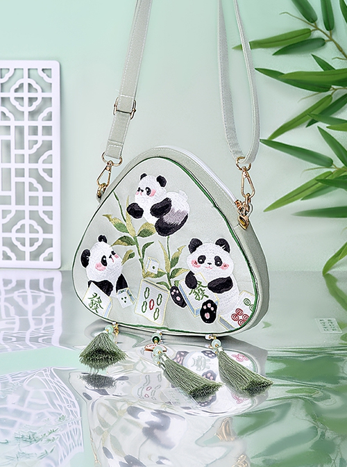 Mahjong Panda Series Light Green Chinoiserie Tassel Cute Panda Embroidery Classic Lolita Crossbody Triangular Bag