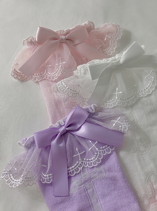 Exquisite Ballet Style Versatile Daily Cross Lace Cute Ribbon Bowknot Sweet Lolita Cotton Socks