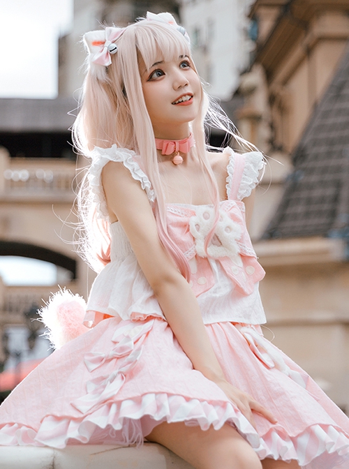 Miss Mewmew Series Cute Pink Kitty Paw Sweet Lolita Ruffles Bowknot Soft Girl Camisole Skirt Cat Ear Hairpin Set