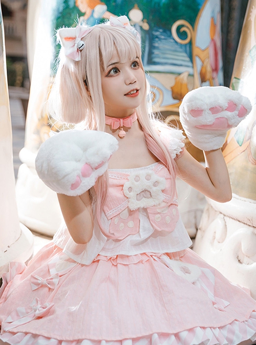 Miss Mewmew Series Cute Pink Kitty Paw Sweet Lolita Ruffles Bowknot Soft Girl Camisole Skirt Cat Ear Hairpin Set