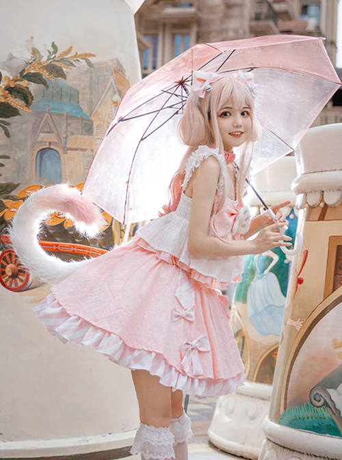 Miss Mewmew Series Cute Pink Kitty Paw Sweet Lolita Ruffles Bowknot Soft Girl Camisole Skirt Cat Ear Hairpin Set