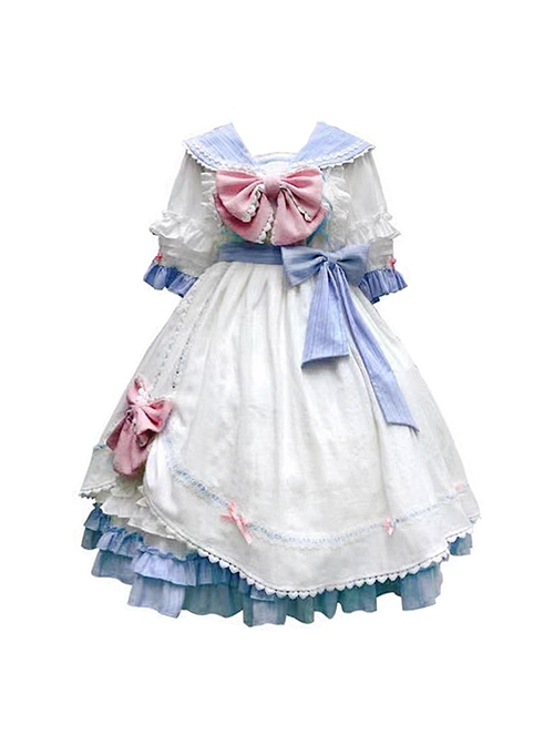 Little Sailor Series Cute Baby Blue Soft Girl Navy Collar Bowknot Sweet Lolita Ruffles Puff Sleeves Dress Hairpin Hat Set