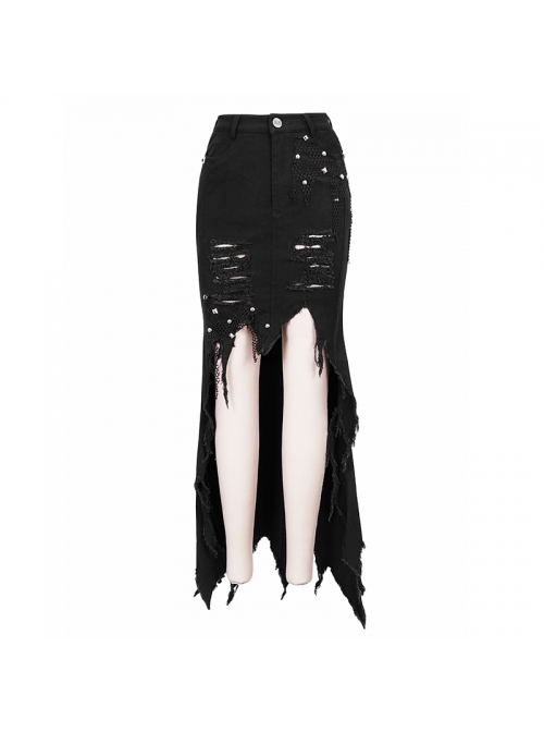 Punk Style Elastic Twill Hole Mesh Short Front And Long Back Black Waist Hip Skirt