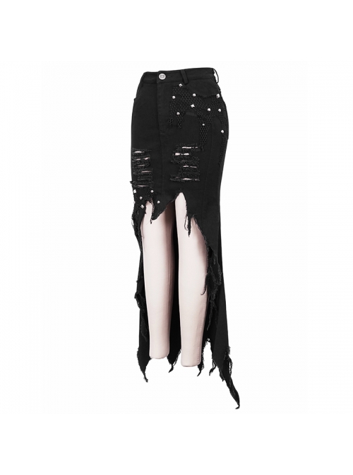 Punk Style Elastic Twill Hole Mesh Short Front And Long Back Black Waist Hip Skirt