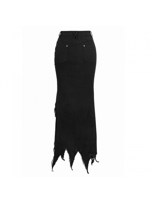 Punk Style Elastic Twill Hole Mesh Short Front And Long Back Black Waist Hip Skirt