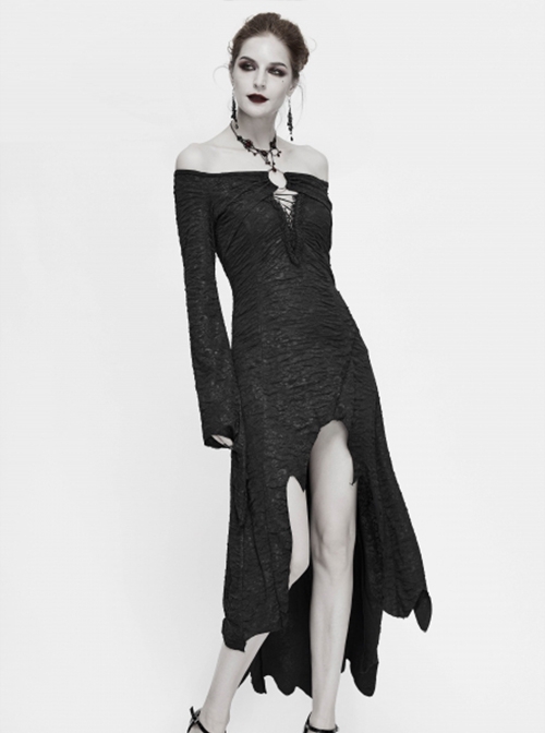 Gothic Style Elastic Printed Knitted Irregular Hem Low Cut Hollow Lace Black Long Sleeved Lace Dress