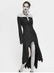 Gothic Style Elastic Printed Knitted Irregular Hem Low Cut Hollow Lace Black Long Sleeved Lace Dress