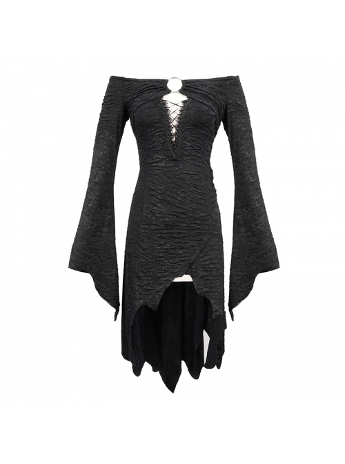 Gothic Style Elastic Printed Knitted Irregular Hem Low Cut Hollow Lace Black Long Sleeved Lace Dress