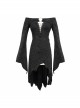 Gothic Style Elastic Printed Knitted Irregular Hem Low Cut Hollow Lace Black Long Sleeved Lace Dress