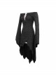 Gothic Style Elastic Printed Knitted Irregular Hem Low Cut Hollow Lace Black Long Sleeved Lace Dress