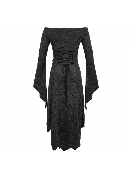 Gothic Style Elastic Printed Knitted Irregular Hem Low Cut Hollow Lace Black Long Sleeved Lace Dress