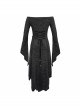 Gothic Style Elastic Printed Knitted Irregular Hem Low Cut Hollow Lace Black Long Sleeved Lace Dress