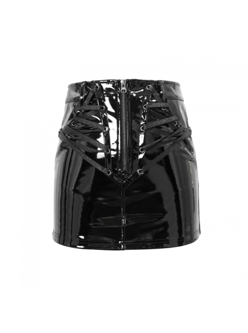 Punk Style Sexy Glazed Leather Front Center Zipper Black Tight Skirt