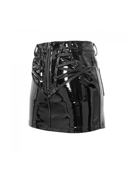 Punk Style Sexy Glazed Leather Front Center Zipper Black Tight Skirt