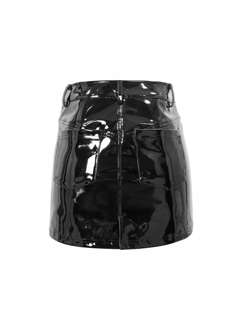 Punk Style Sexy Glazed Leather Front Center Zipper Black Tight Skirt