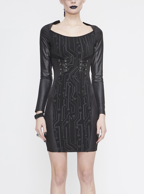 Punk Style Circuit Print Pattern Eyelet Tie At Waist Back Slit Black Tight Long Sleeve Dress