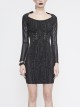 Punk Style Circuit Print Pattern Eyelet Tie At Waist Back Slit Black Tight Long Sleeve Dress