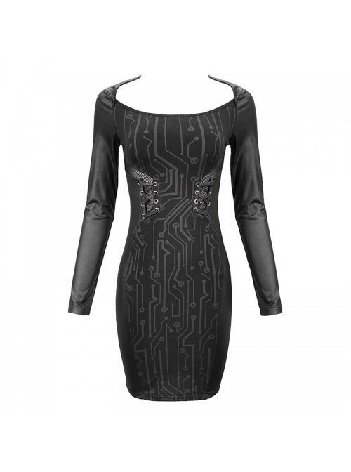 Punk Style Circuit Print Pattern Eyelet Tie At Waist Back Slit Black Tight Long Sleeve Dress