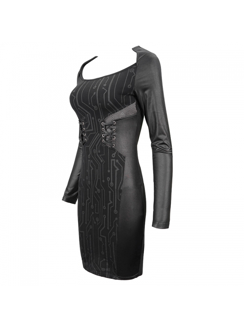 Punk Style Circuit Print Pattern Eyelet Tie At Waist Back Slit Black Tight Long Sleeve Dress