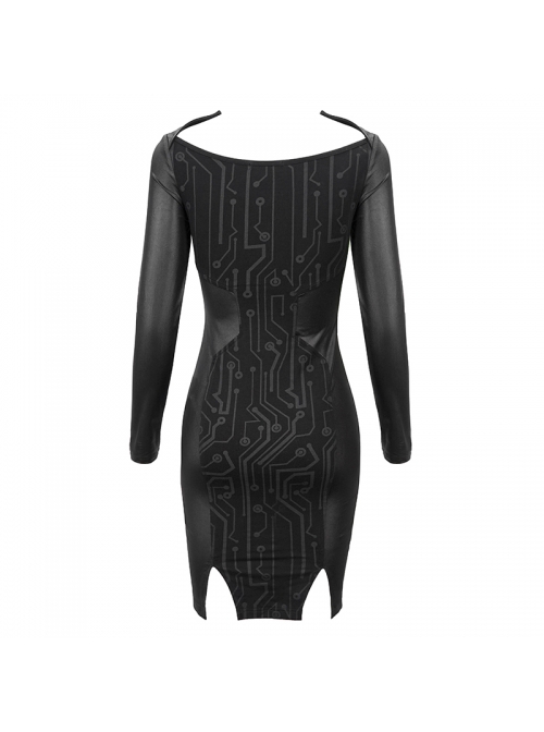 Punk Style Circuit Print Pattern Eyelet Tie At Waist Back Slit Black Tight Long Sleeve Dress