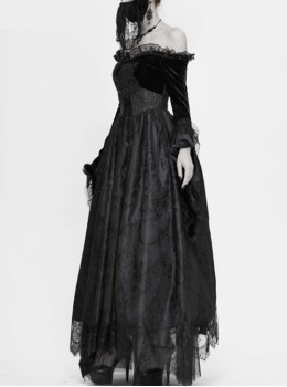 Gothic Style Gorgeous Lace Pleated Off Shoulder Detachable Fur Collar Black Adjustable Long Sleeve Dress