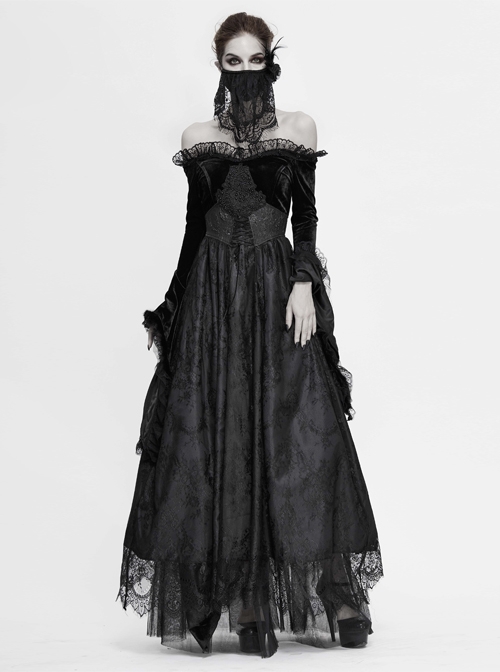 Gothic Style Gorgeous Lace Pleated Off Shoulder Detachable Fur Collar Black Adjustable Long Sleeve Dress