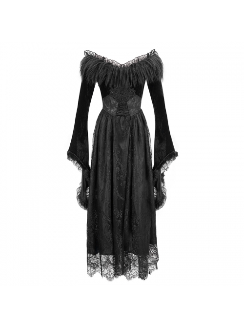 Gothic Style Gorgeous Lace Pleated Off Shoulder Detachable Fur Collar Black Adjustable Long Sleeve Dress