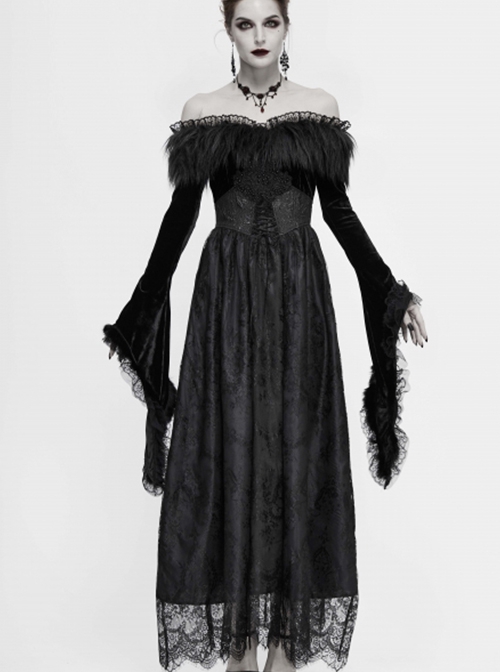 Gothic Style Gorgeous Lace Pleated Off Shoulder Detachable Fur Collar Black Adjustable Long Sleeve Dress