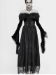 Gothic Style Gorgeous Lace Pleated Off Shoulder Detachable Fur Collar Black Adjustable Long Sleeve Dress