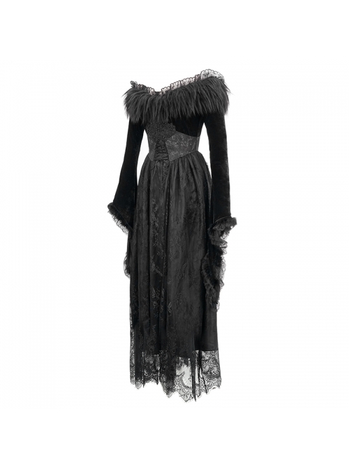 Gothic Style Gorgeous Lace Pleated Off Shoulder Detachable Fur Collar Black Adjustable Long Sleeve Dress