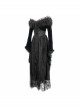 Gothic Style Gorgeous Lace Pleated Off Shoulder Detachable Fur Collar Black Adjustable Long Sleeve Dress