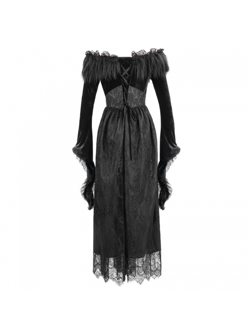 Gothic Style Gorgeous Lace Pleated Off Shoulder Detachable Fur Collar Black Adjustable Long Sleeve Dress