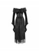 Gothic Style Gorgeous Lace Pleated Off Shoulder Detachable Fur Collar Black Adjustable Long Sleeve Dress