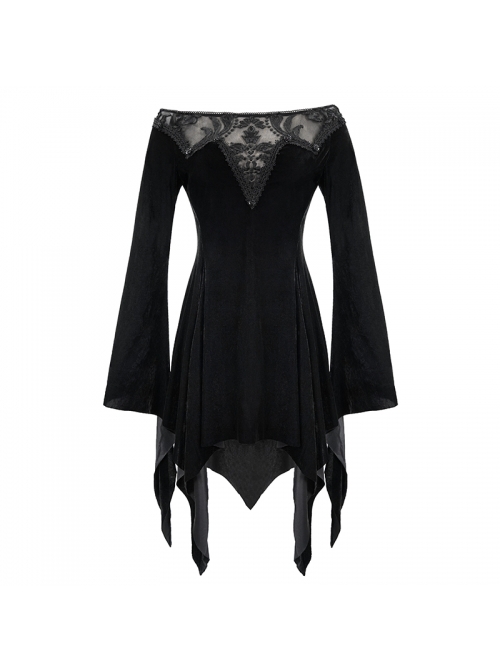 Gothic Style Gorgeous Lace Pleated Off Shoulder Detachable Fur Collar Black Adjustable Long Sleeve Dress