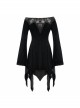 Gothic Style Gorgeous Lace Pleated Off Shoulder Detachable Fur Collar Black Adjustable Long Sleeve Dress