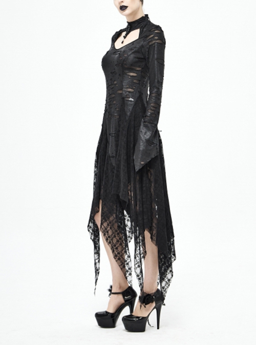 Punk Style Hollow Hole Knit Stitching Irregular Lace Mesh Hem Black Trumpet Sleeve Dress