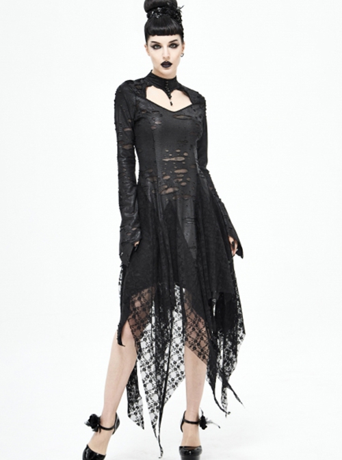 Punk Style Hollow Hole Knit Stitching Irregular Lace Mesh Hem Black Trumpet Sleeve Dress