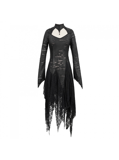 Punk Style Hollow Hole Knit Stitching Irregular Lace Mesh Hem Black Trumpet Sleeve Dress