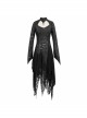 Punk Style Hollow Hole Knit Stitching Irregular Lace Mesh Hem Black Trumpet Sleeve Dress