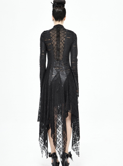 Punk Style Hollow Hole Knit Stitching Irregular Lace Mesh Hem Black Trumpet Sleeve Dress