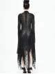 Punk Style Hollow Hole Knit Stitching Irregular Lace Mesh Hem Black Trumpet Sleeve Dress