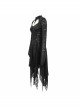 Punk Style Hollow Hole Knit Stitching Irregular Lace Mesh Hem Black Trumpet Sleeve Dress